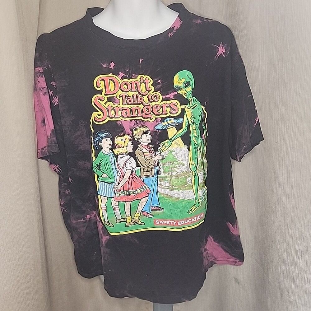 Shirt Don’t Talk To Strangers Graphic Black Pink Tie Dye Safety Ed Womens LG